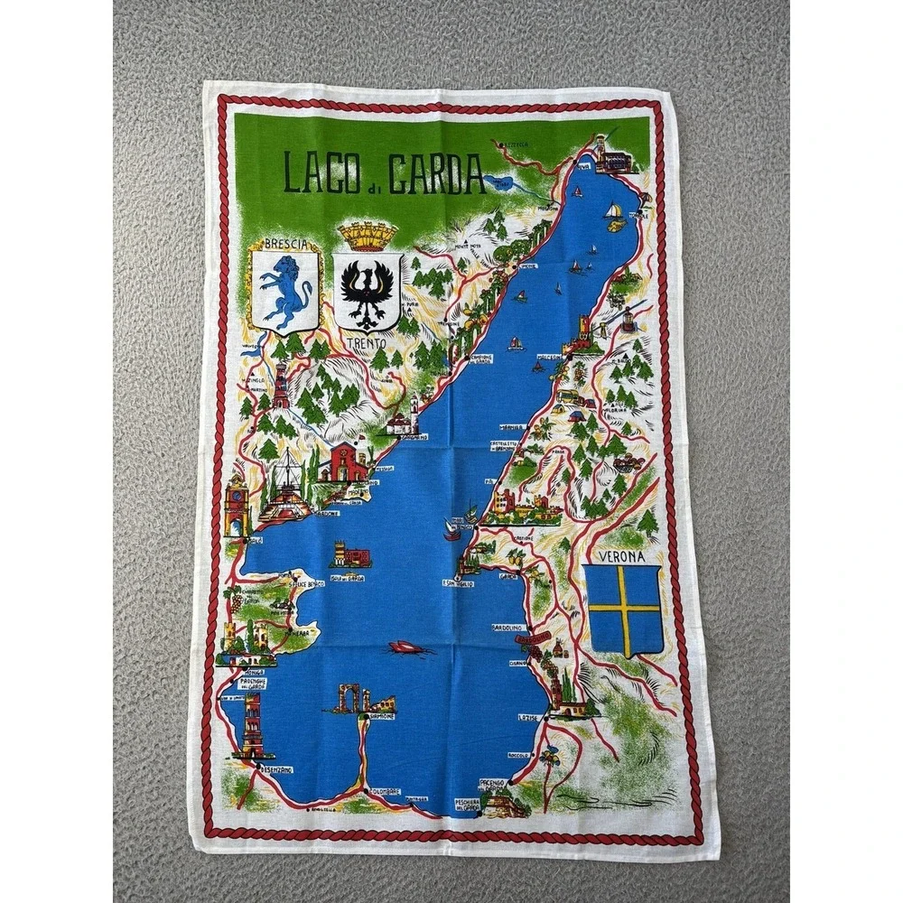 Vintage Lago Di Garda Souvenir Tea Towel Linen MCM Map 34x22
